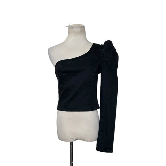 GRLFRND black denim one shoulder crop top size Small - Picture 1 of 11